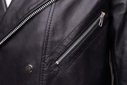 Handmade Micheals Biker Style Leather Jacket With Snap Buttons Closure