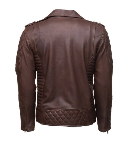 Handmade  Brown Quilted Biker Leather Jacket With Diamond Stitching Details