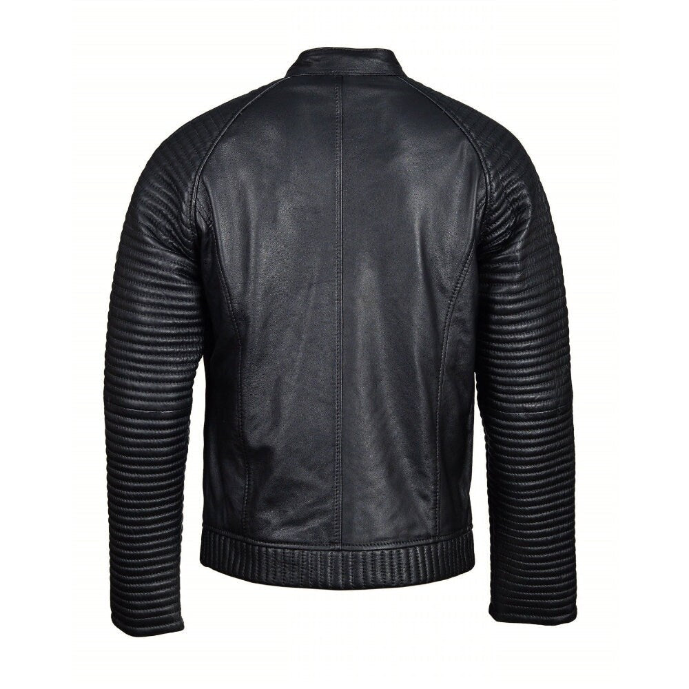 Handmade Haworths Moto Style Leather Jacket With Patterned Sleeves