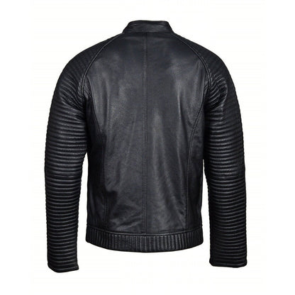 Handmade Haworths Moto Style Leather Jacket With Patterned Sleeves