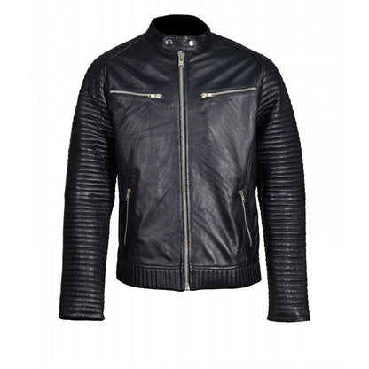 Handmade Haworths Moto Style Leather Jacket With Patterned Sleeves
