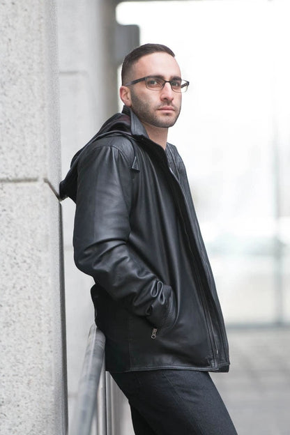 Handmade Dapper Zip Up Leather Jacket With Hoodie