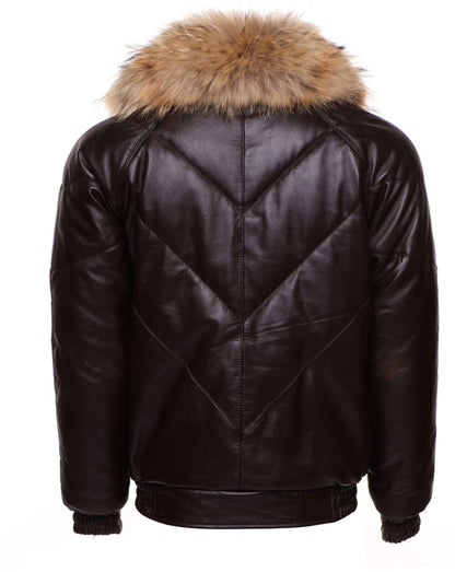 Handmade  Brown V-Bomber Style Puffer Winter Leather Jacket With Fur Collar