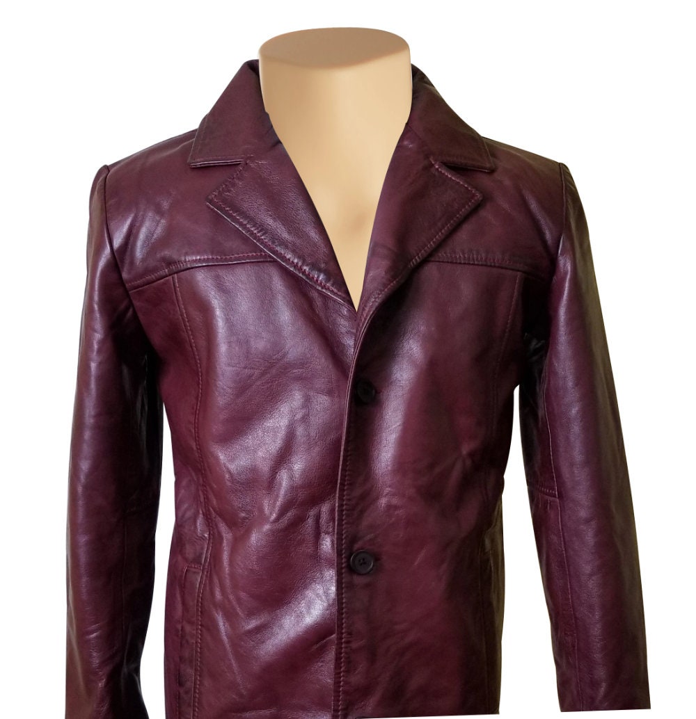 Handmade  Krueger's Maroon Buttoned Leather Blazer