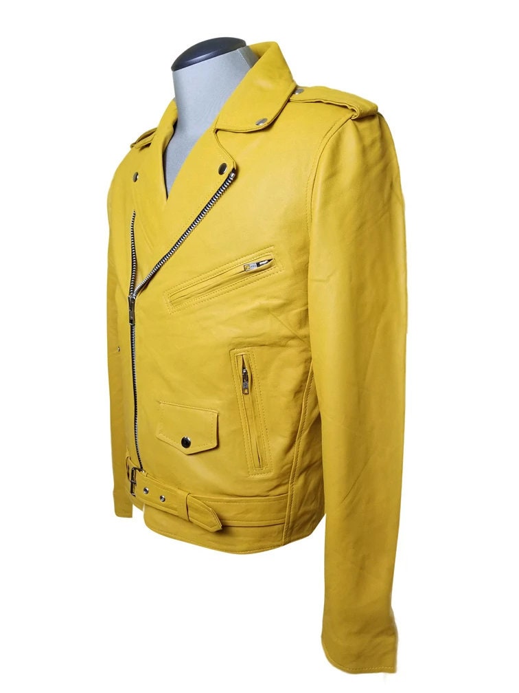 Handmade Olson's Yellow Biker Style Leather Jacket With Waist Belt