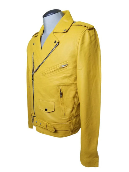 Handmade Olson's Yellow Biker Style Leather Jacket With Waist Belt