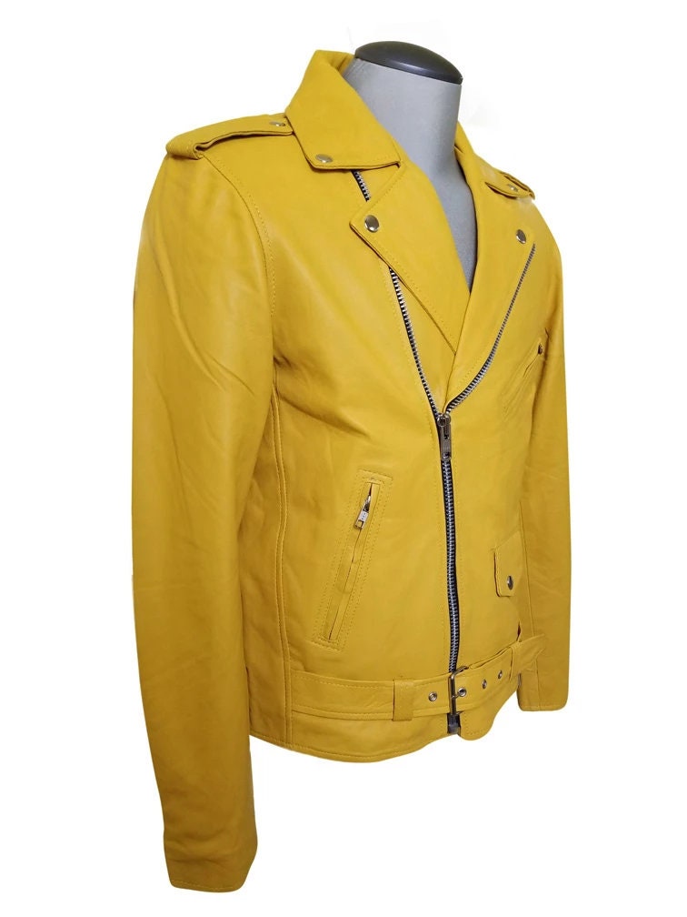 Handmade Olson's Yellow Biker Style Leather Jacket With Waist Belt