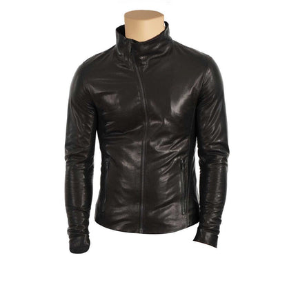 Handmade Black Leather Jacket With High Neck Pullover