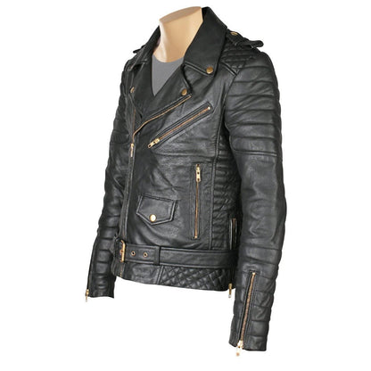 Handmade Mercado's Quilted Biker Leather Jacket With Waist Belt