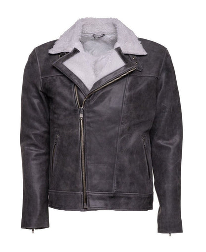 Handmade Vintage Grey Biker Leather Jacket With Sherpa Lining