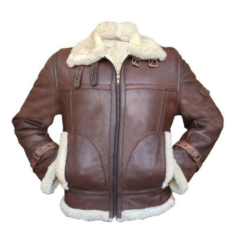 Handmade B3 RAF Fur Shearling Aviator Flying Pilot Bomber Brown Sheepskin Leather Jacket