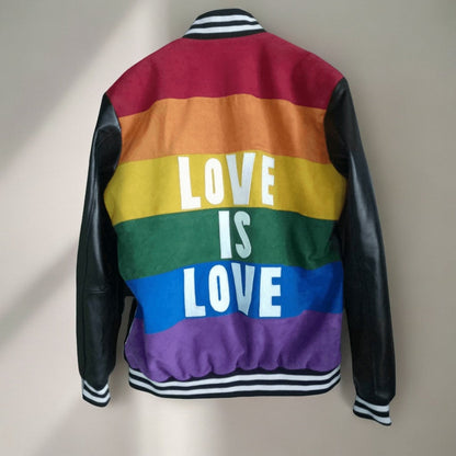 Handmade Love is Love LGBTQ Varsity Jacket With Leather Sleeves! "Pride Jacket"- A LGBTQ Handmade Leather Jacket Celebrating Diversity