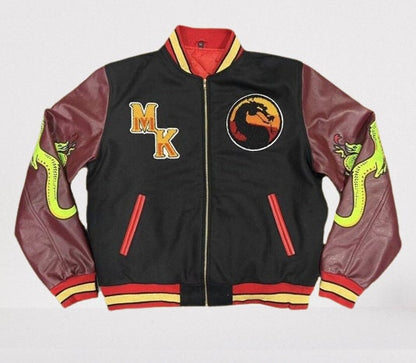 Handmade Custom made Mortal Kombat Varsity Jacket with Brown Sleeves