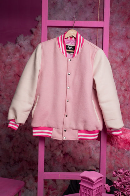 Pink and White Varsity Jacket - Handcrafted with love by Ox and Bulls Leather