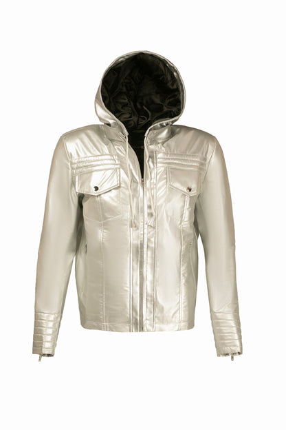 Handmade Metallic Silver Faux Hoodie Leather Jacket